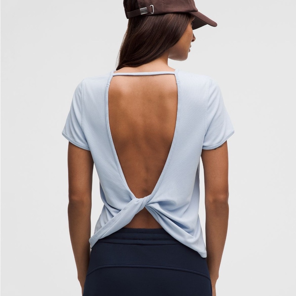 lululemon light blue open back tee